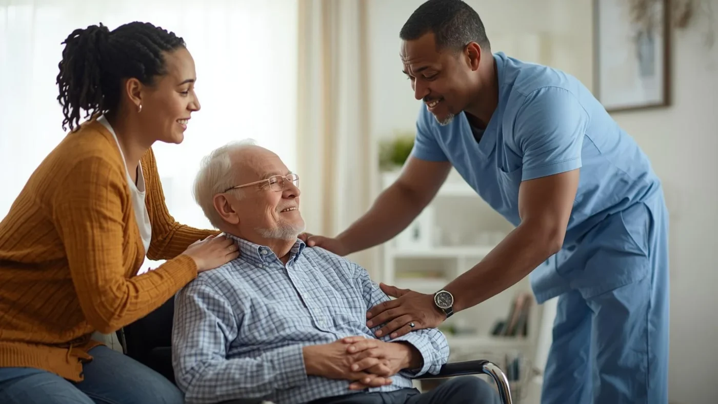 Family and a caregiver spending time with an older loved one