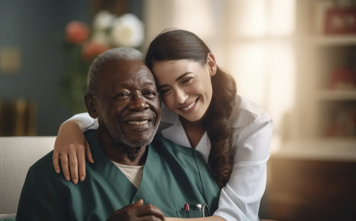 An older man and companion sharing a joyful moment at home