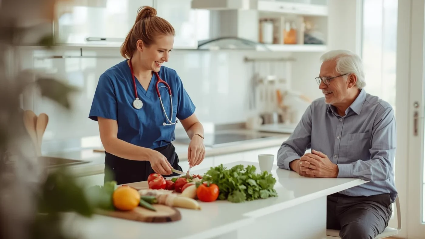 A senior and caregiver sharing meal preparation at home