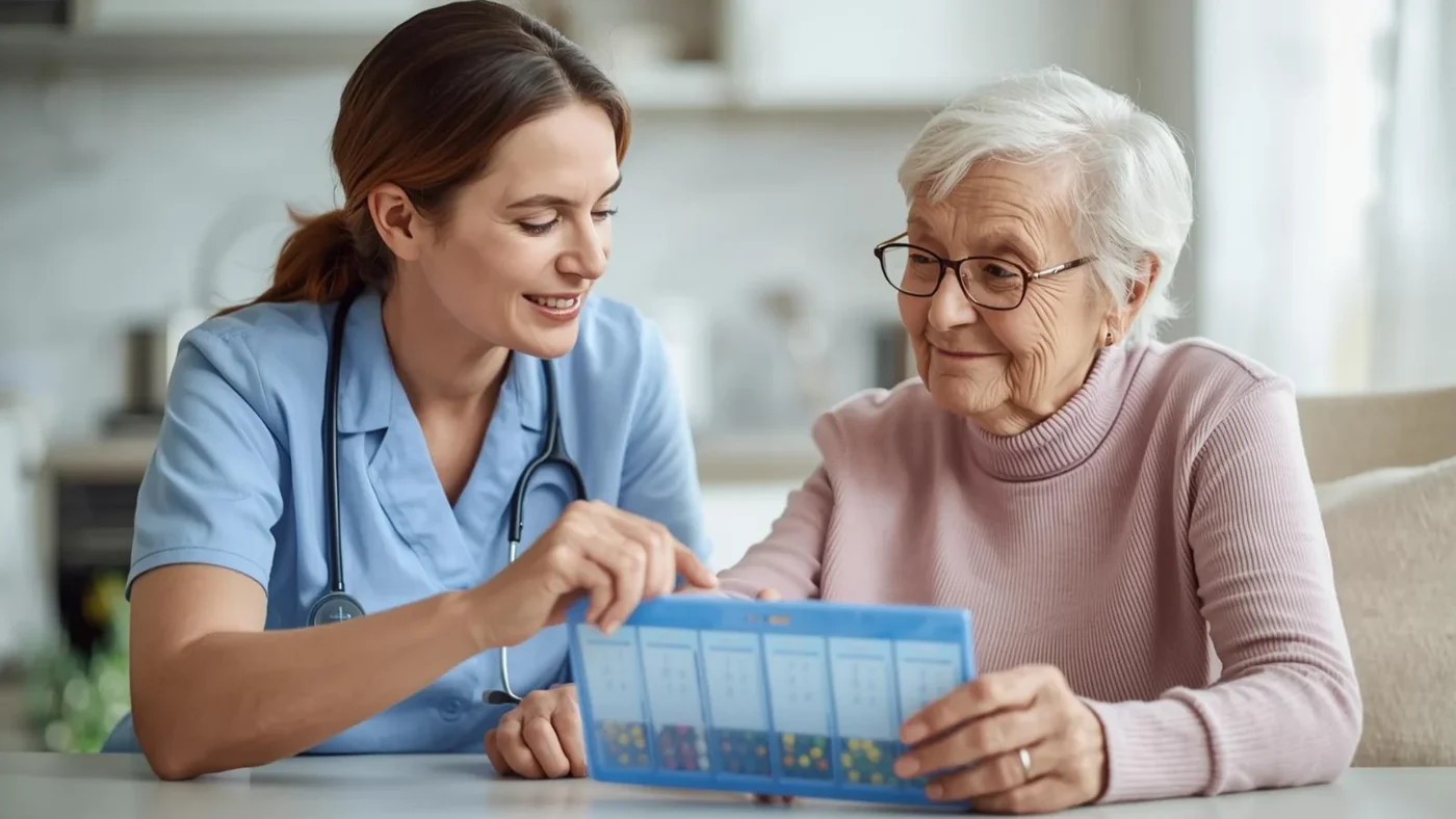 A senior and companion enjoying a familiar photo album